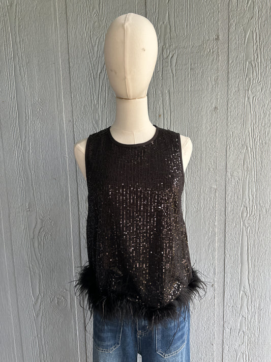 Glow sequined tank with feather trim