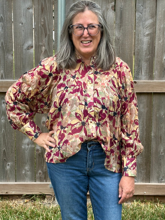 Aria Long Sleeve Oversized Floral Button-Down Blouse