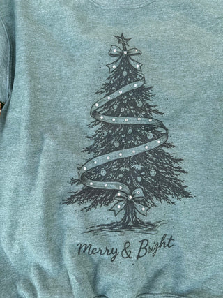 Merry & Bright Rhinestone Christmas Tree Sweatshirt – Vintage Green
