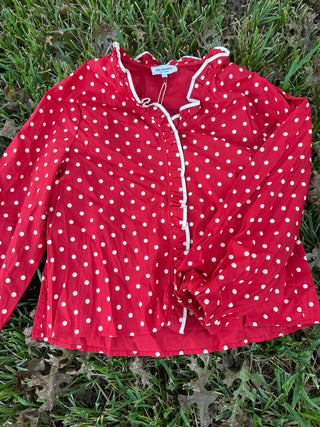 Berta Cranberry Polka Dot Ruffle Button-Down Blouse