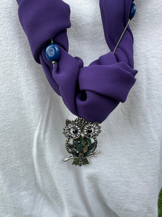 Purple and Blue Owl Scarf Necklace