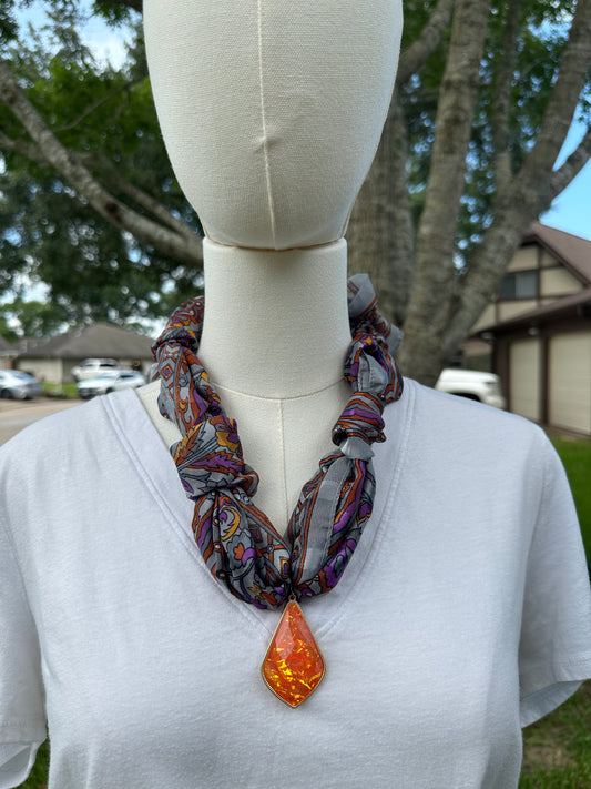 Gray, purple, and orange scarf necklace
