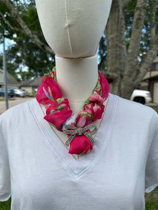 Bright pink floral scarf necklace
