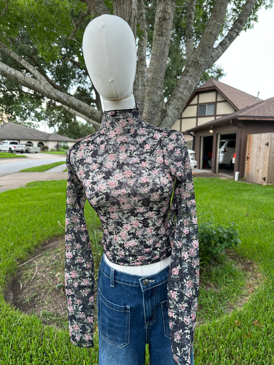 Celina Black Floral Mesh Top