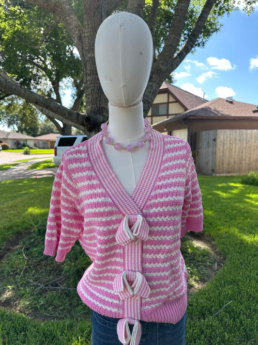 Gracie Striped Short Sleeve Sweater with Bow Detail