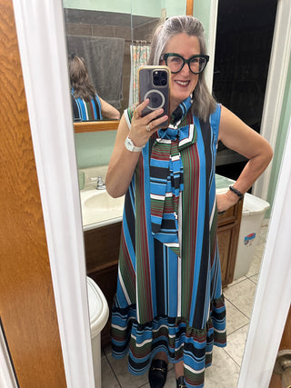 Olive & Blue Striped Sleeveless Bow Neck Dress