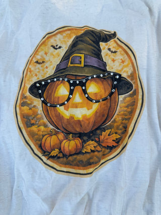 Ivory Rhinestone Pumpkin & Witch Hat Graphic Tee