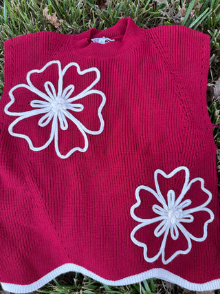 Wendy Floral Embroidered Cap Sleeve Sweater – Maroon